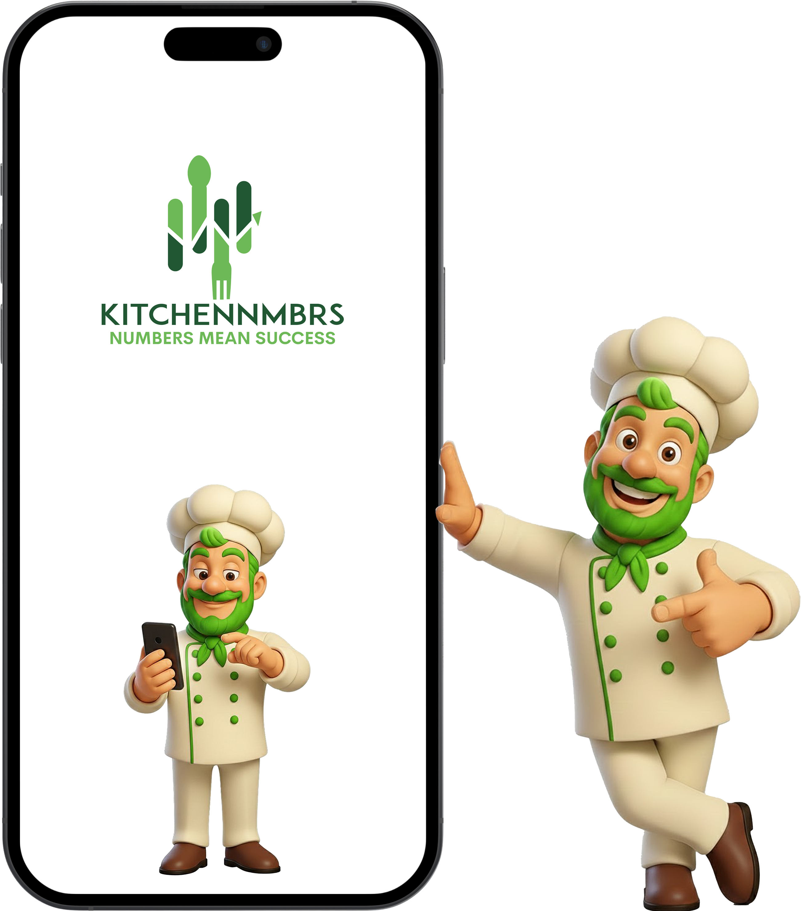 KitchenNmbrs app with chef leaning